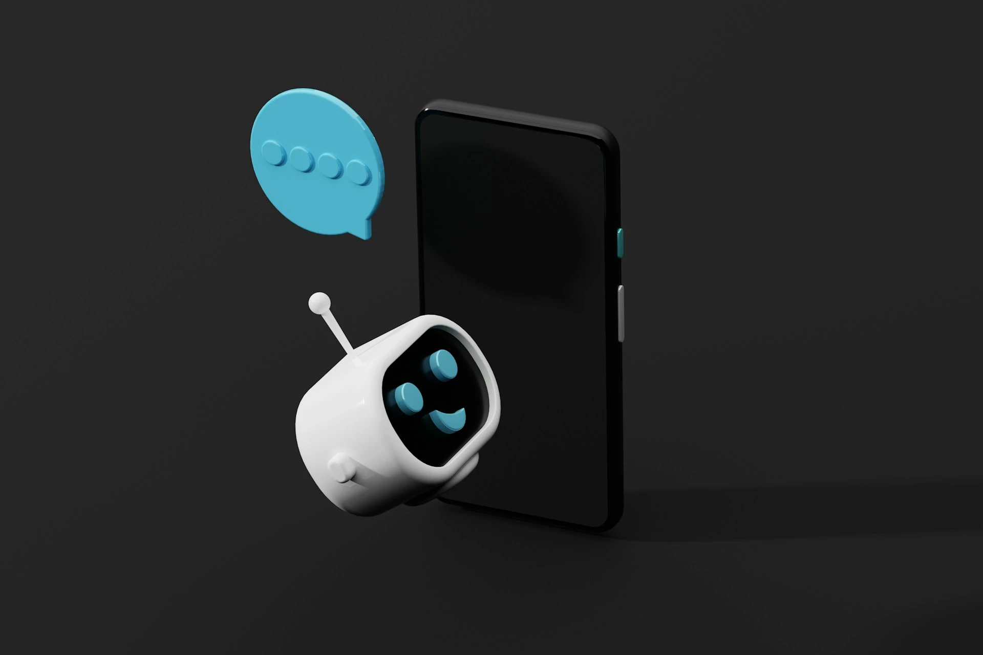 A smiling robot head with a speech bubble next to a smartphone.